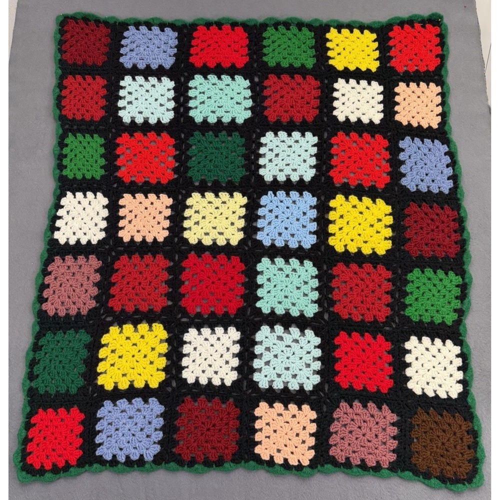 Vtg Crochet Roseanne Granny Square Afghan Throw Lap Blanket Colorful Multi 47x41